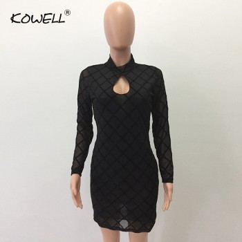 Hot Sale 2019 Sexy Women Fishnet Dress Bandage Translucent Fashion Club Wear Mini Dress Long Sleeve Low Cut Package Hip Dress